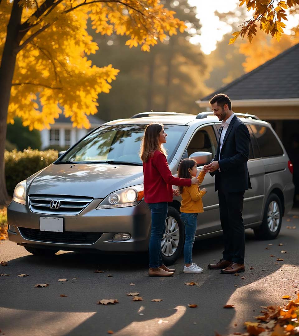 Eine Familie übergibt ein Auto an einen Händler beim Autoankauf Halle (Saale) vor dem Haus